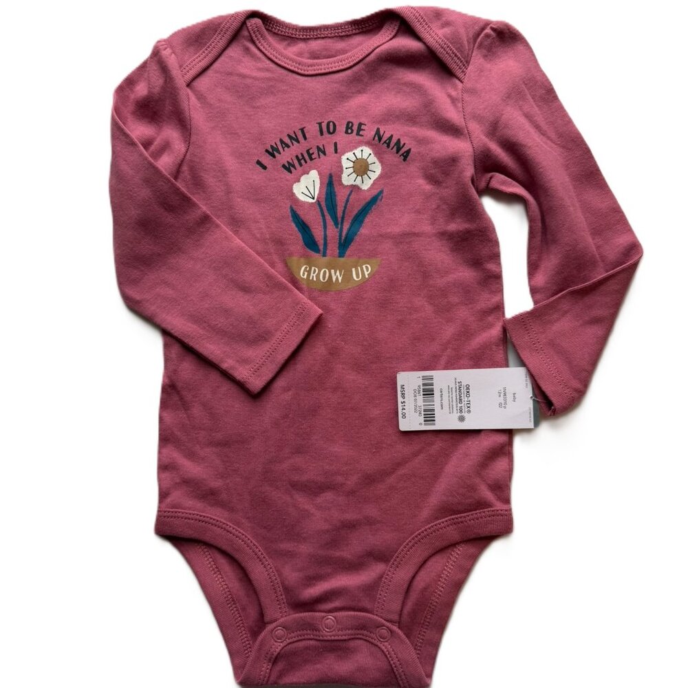 🍂 5/$25 NWT Baby Girl Nana Long Sleeve Bodysuit 12M raspberry pink